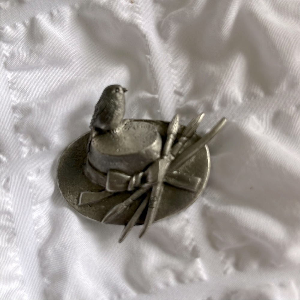 Vintage Pewter Brooch with Bird and Hat Design